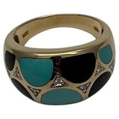 Blue Teal Turquoise & Black Onyx Diamonds 14K Yellow Gold Statement Dome Ring