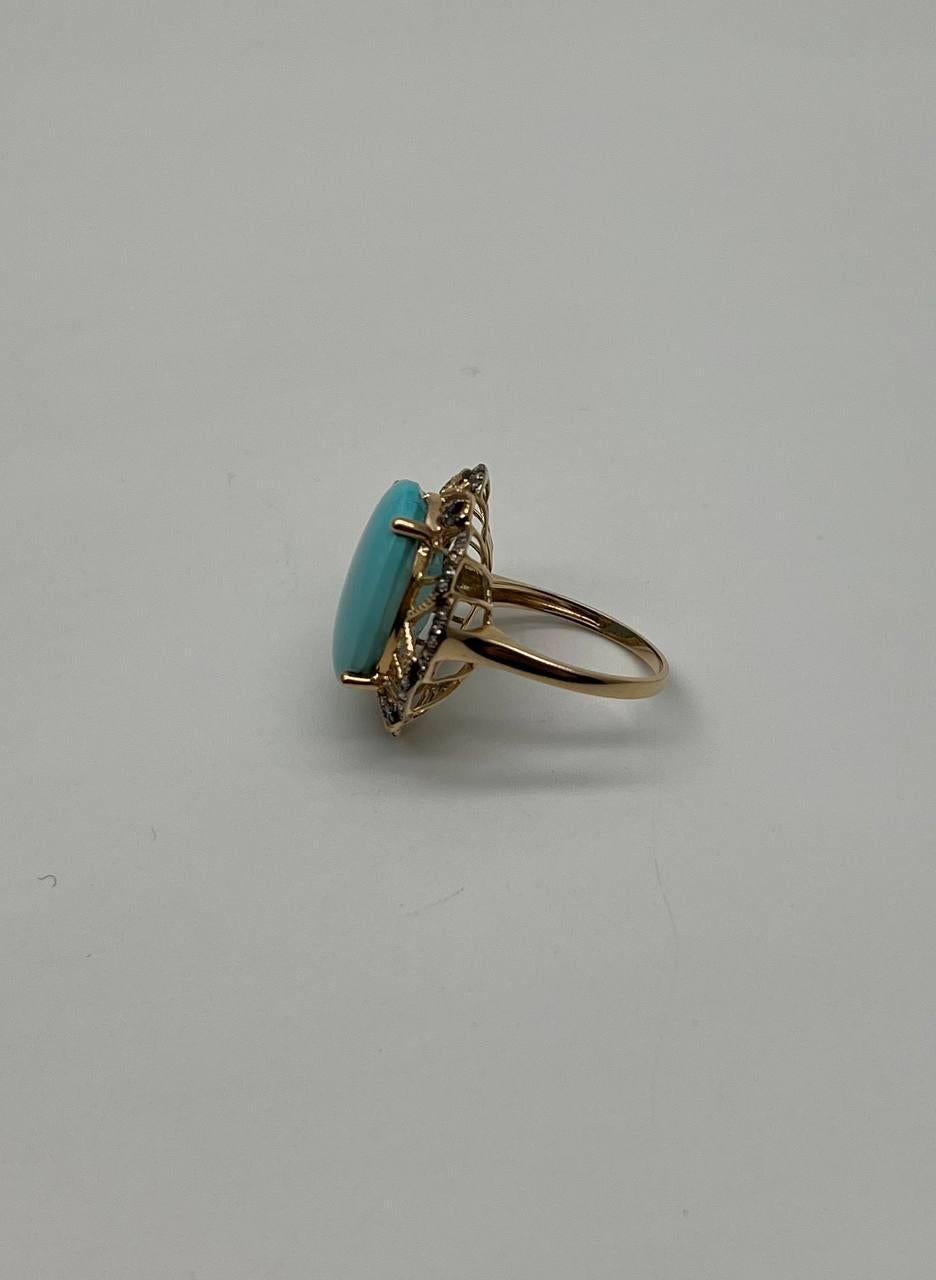 A study in elegance and color. This captivating ring features a striking oval turquoise stone. The vibrant blue gem is set within an intricate filigree design, adding a touch of sophistication. The delicate metalwork frames the stone beautifully,