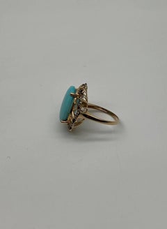 Blue Teal Turquoise Champagne Diamonds Halo 14K Yellow Gold Statement Ring