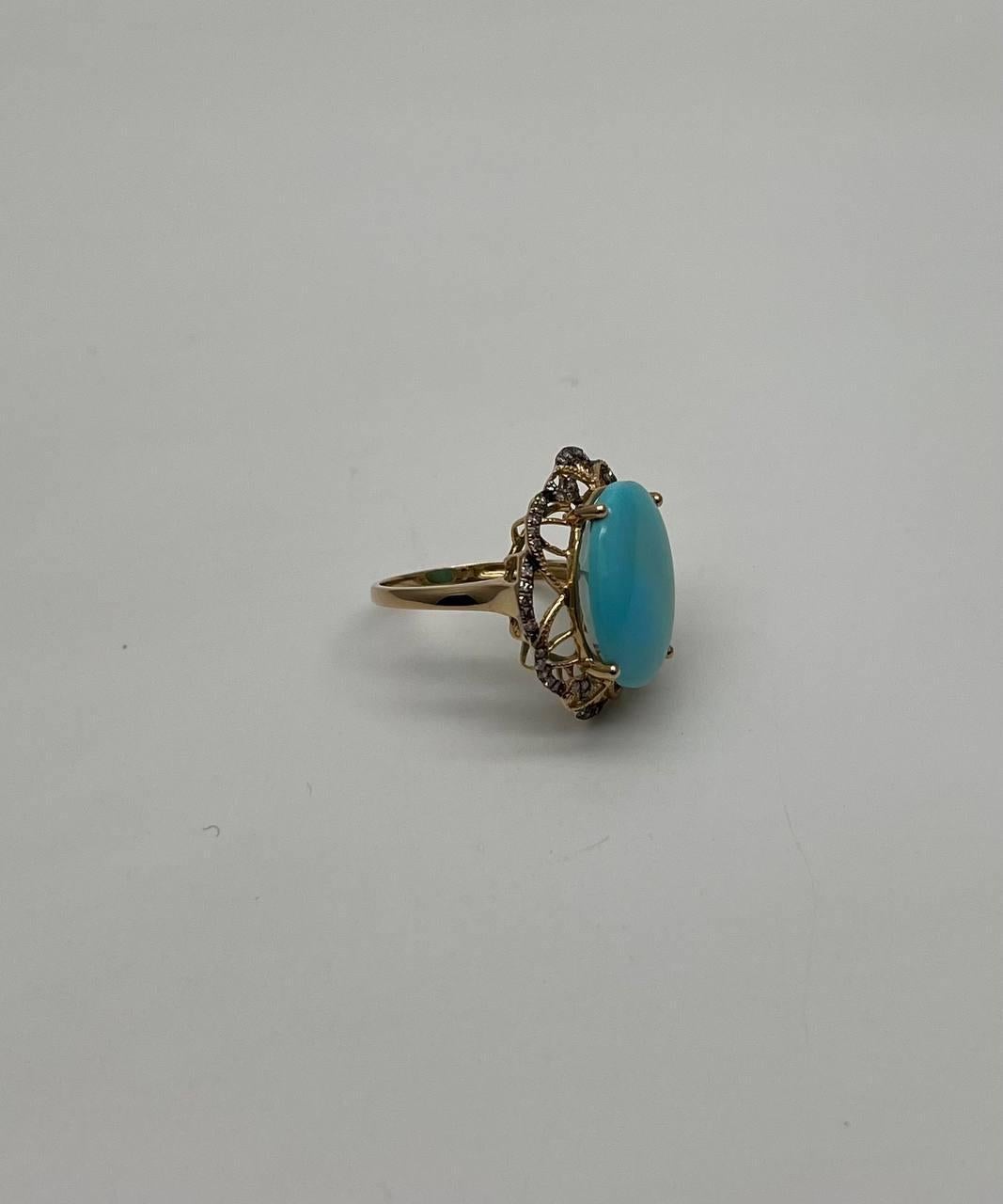 Oval Cut Blue Teal Turquoise Champagne Diamonds Halo 14K Yellow Gold Statement Ring For Sale