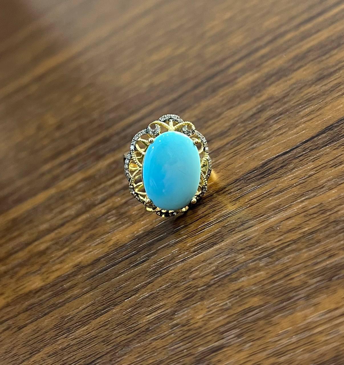 Blue Teal Turquoise Champagne Diamonds Halo 14K Yellow Gold Statement Ring In New Condition For Sale In Oakton, VA