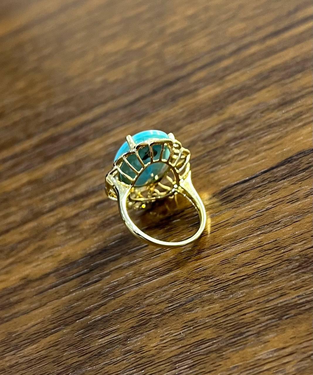 Blue Teal Turquoise Champagne Diamonds Halo 14K Yellow Gold Statement Ring For Sale 1