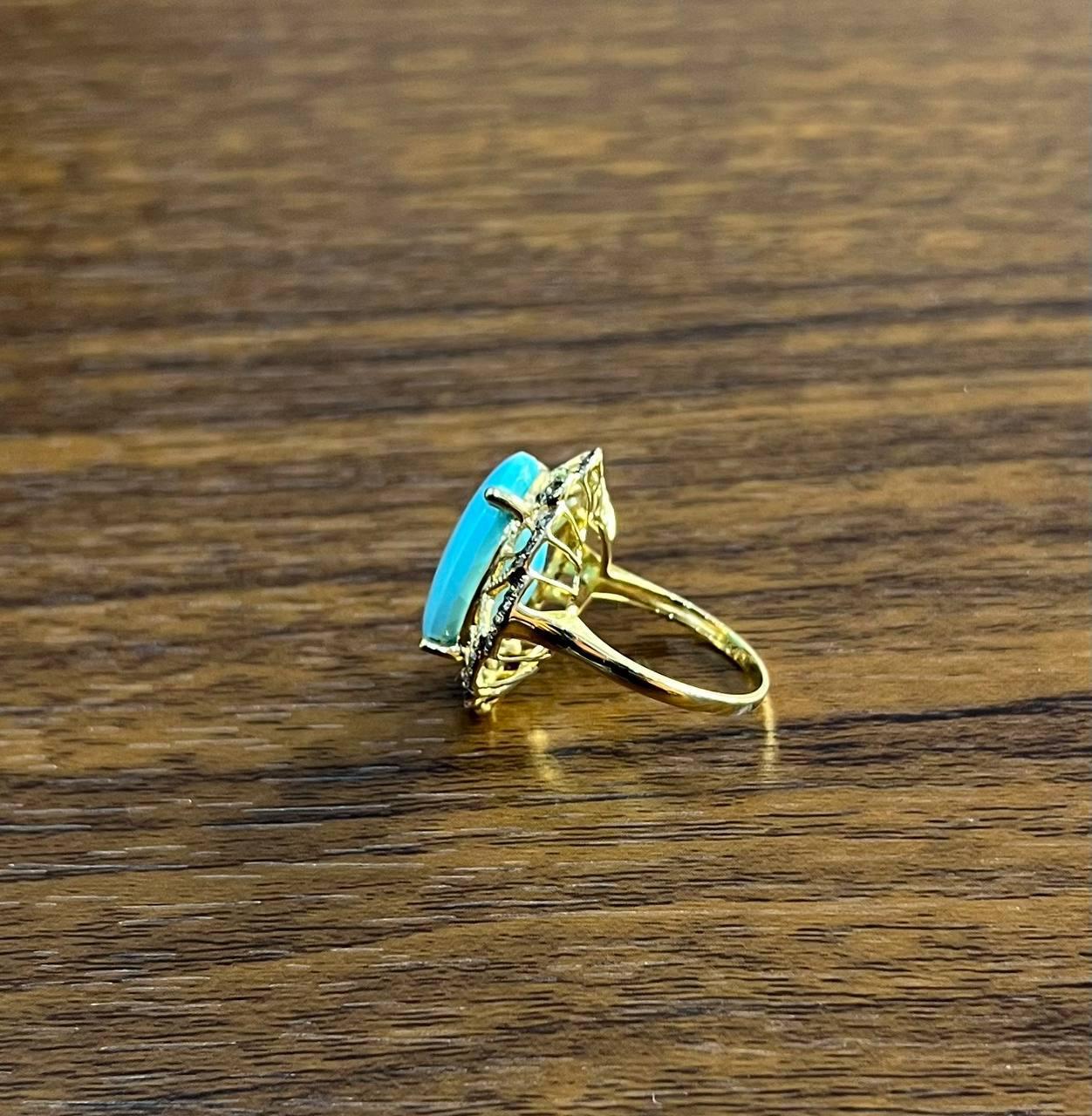 Blue Teal Turquoise Champagne Diamonds Halo 14K Yellow Gold Statement Ring For Sale 2