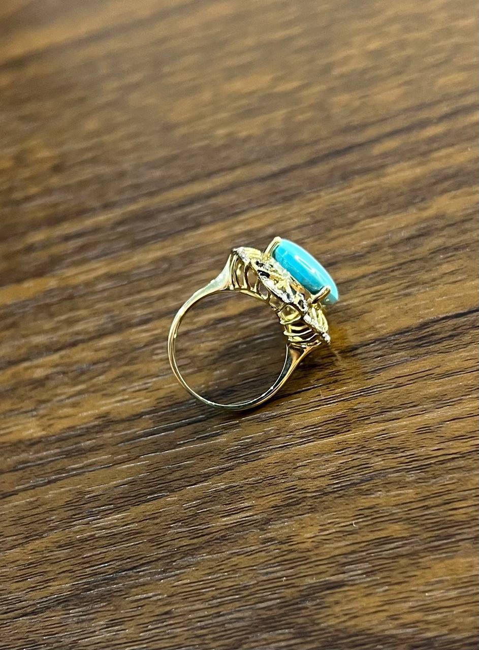 Blue Teal Turquoise Champagne Diamonds Halo 14K Yellow Gold Statement Ring For Sale 3