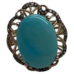 Bague fantaisie en or jaune 14 carats avec turquoise bleu sarcelle champagne et halo de diamants