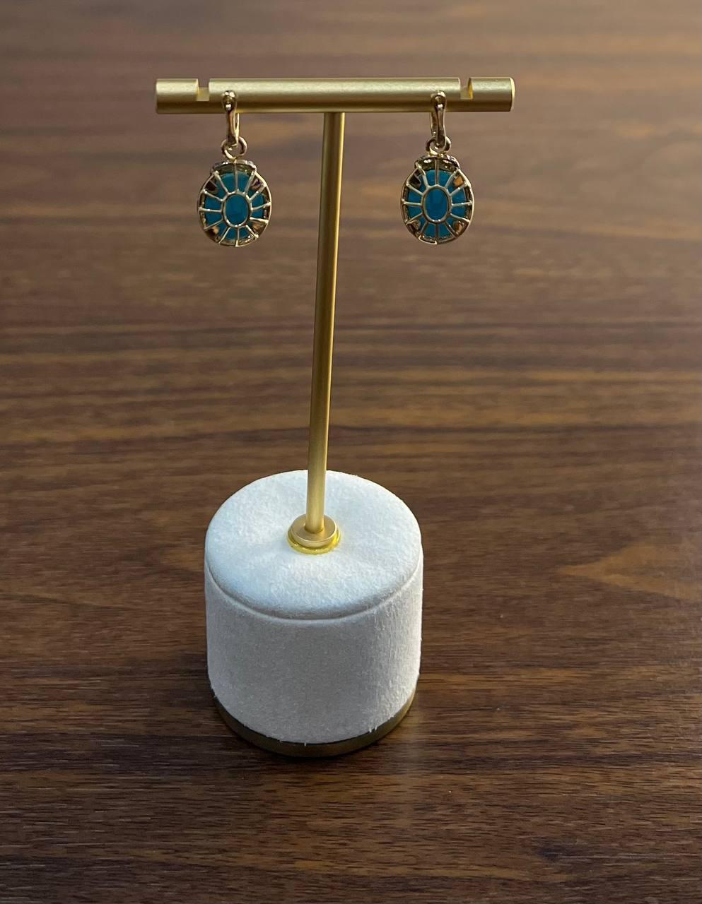 Blue Teal Turquoise Diamonds Halo 14K Yellow Gold Statement Huggie Earrings For Sale 5