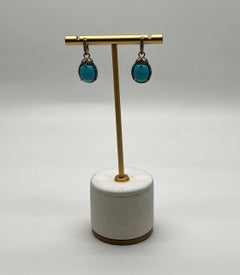 Blue Teal Turquoise Diamonds Halo 14K Yellow Gold Statement Huggie Earrings