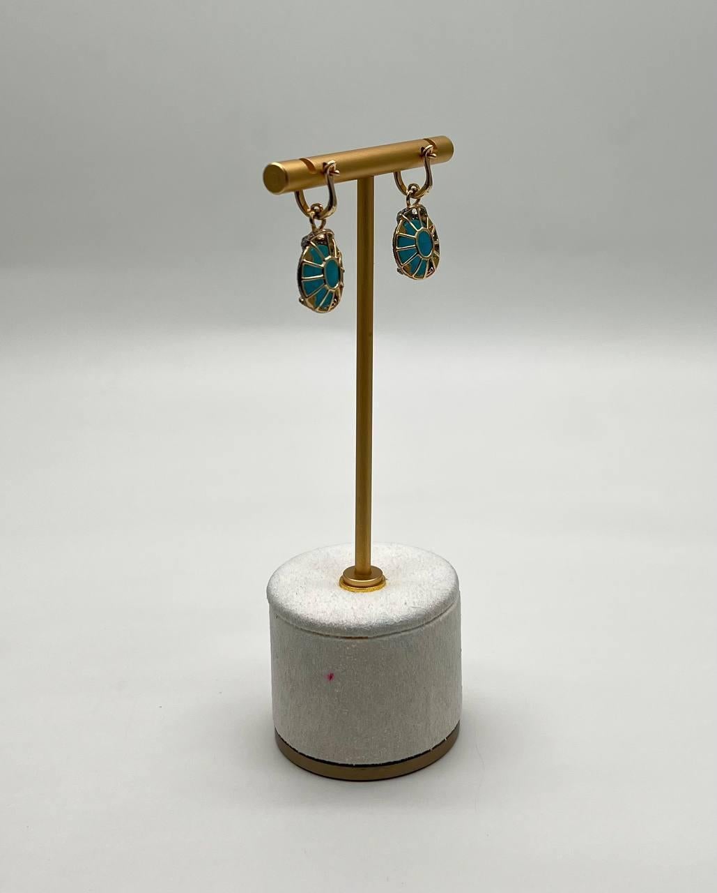 Blue Teal Turquoise Diamonds Halo 14K Yellow Gold Statement Huggie Earrings In New Condition For Sale In Oakton, VA