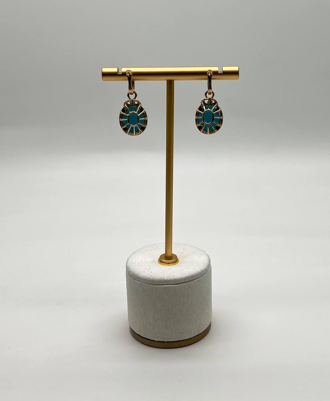 Women's Blue Teal Turquoise Diamonds Halo 14K Yellow Gold Statement Huggie Earrings For Sale