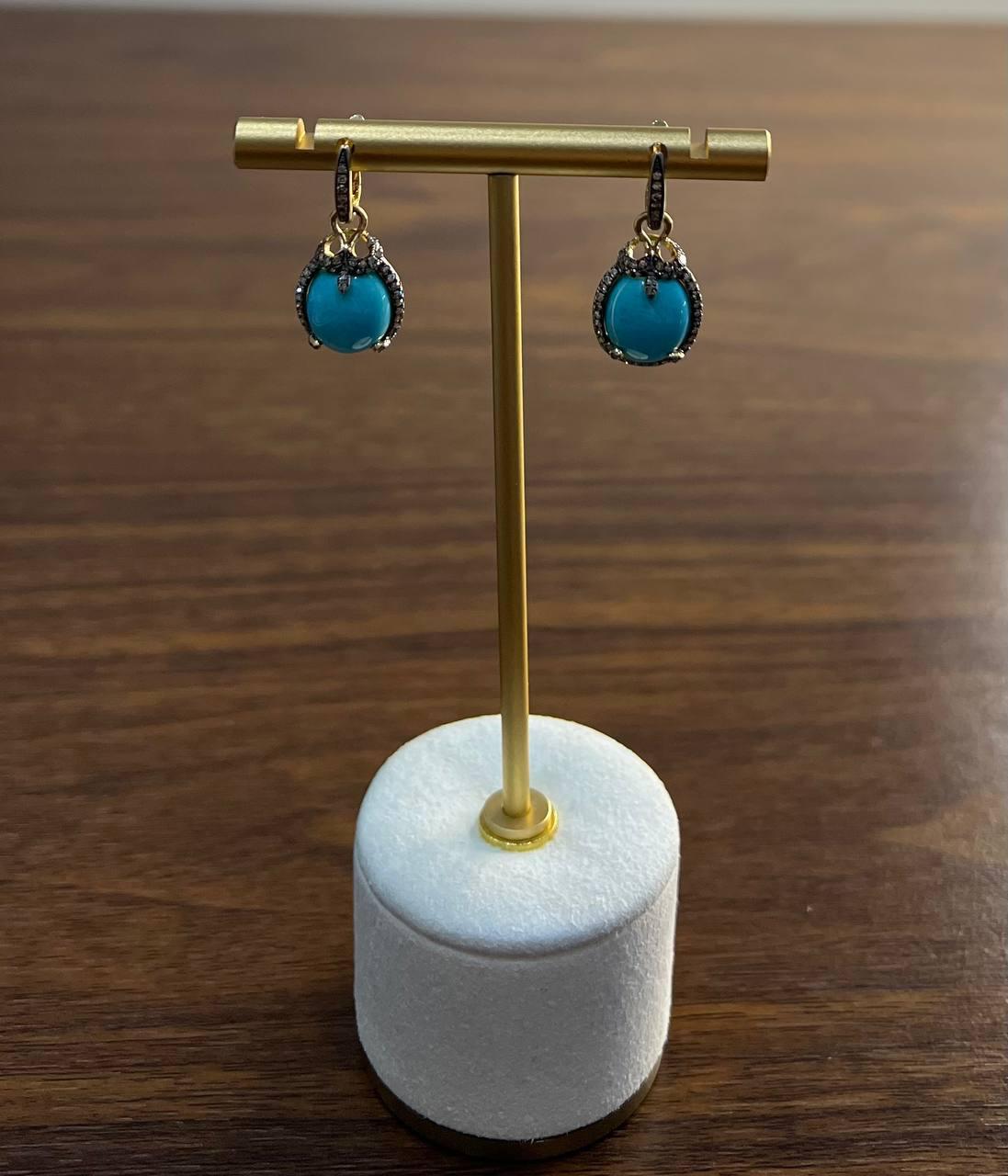 Blue Teal Turquoise Diamonds Halo 14K Yellow Gold Statement Huggie Earrings For Sale 1