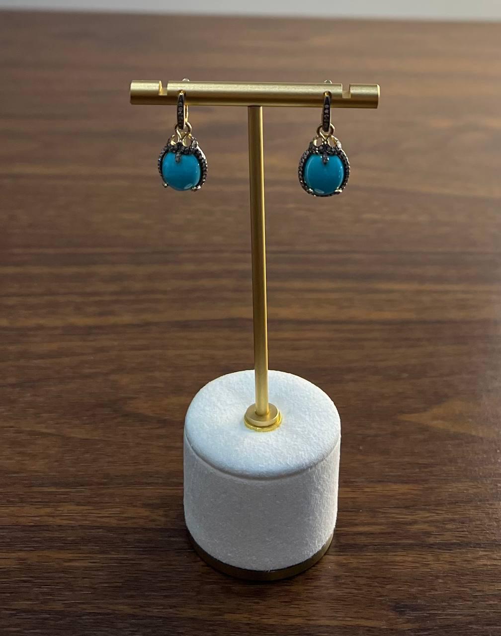 Blue Teal Turquoise Diamonds Halo 14K Yellow Gold Statement Huggie Earrings For Sale 2