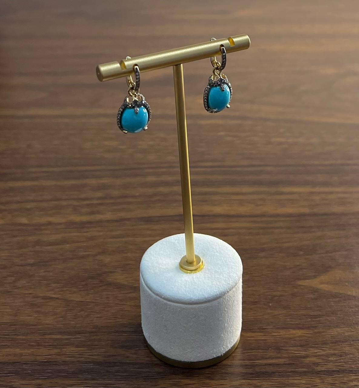 Blue Teal Turquoise Diamonds Halo 14K Yellow Gold Statement Huggie Earrings For Sale 3
