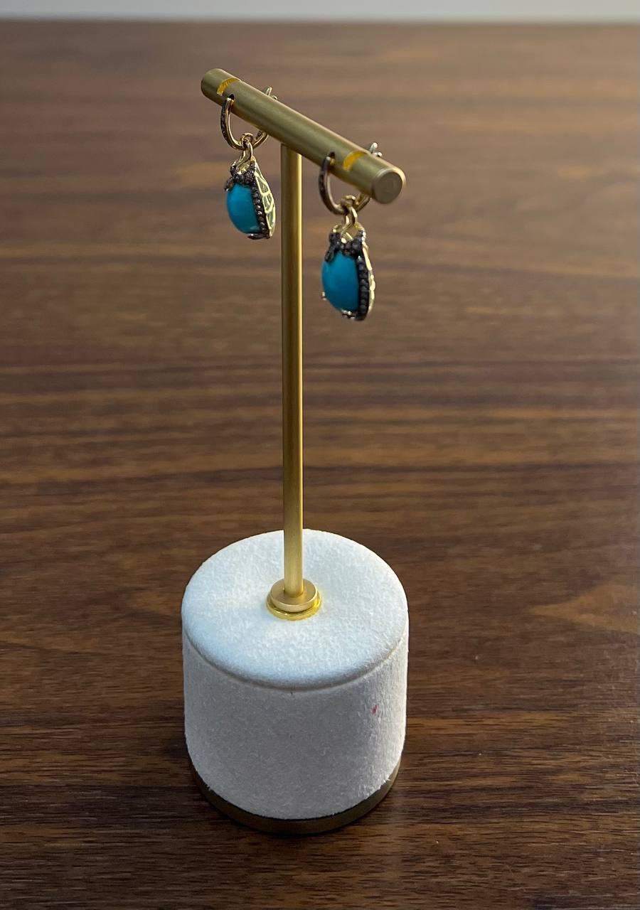 Blue Teal Turquoise Diamonds Halo 14K Yellow Gold Statement Huggie Earrings For Sale 4