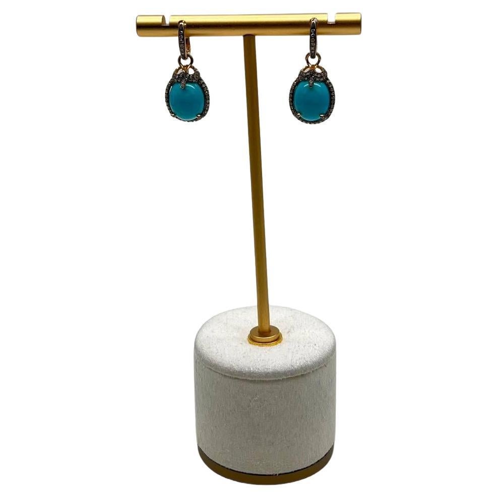 Blue Teal Turquoise Diamonds Halo 14K Yellow Gold Statement Huggie Earrings