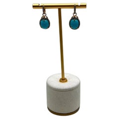 Blue Teal Turquoise Diamonds Halo 14K Yellow Gold Statement Huggie Earrings