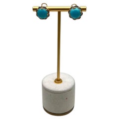 Blue Teal Turquoise Diamonds Halo Floral 14K Yellow Gold Statement Earrings