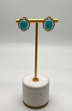 Blue Teal Turquoise Diamonds Lattice 14K Yellow Gold Statement Earrings