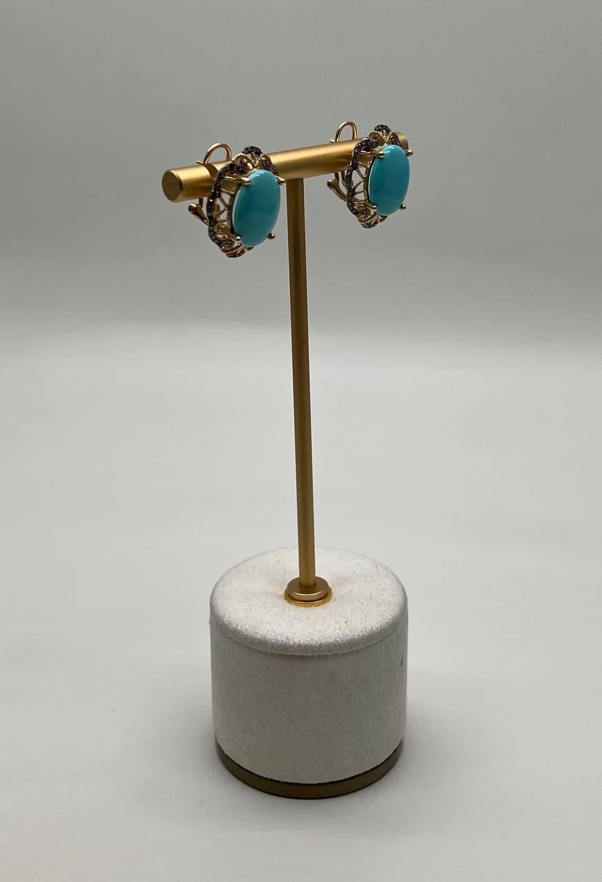 Modern Blue Teal Turquoise Diamonds Lattice 14K Yellow Gold Statement Earrings For Sale