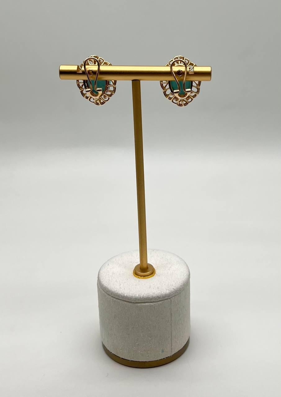 Oval Cut Blue Teal Turquoise Diamonds Lattice 14K Yellow Gold Statement Earrings For Sale
