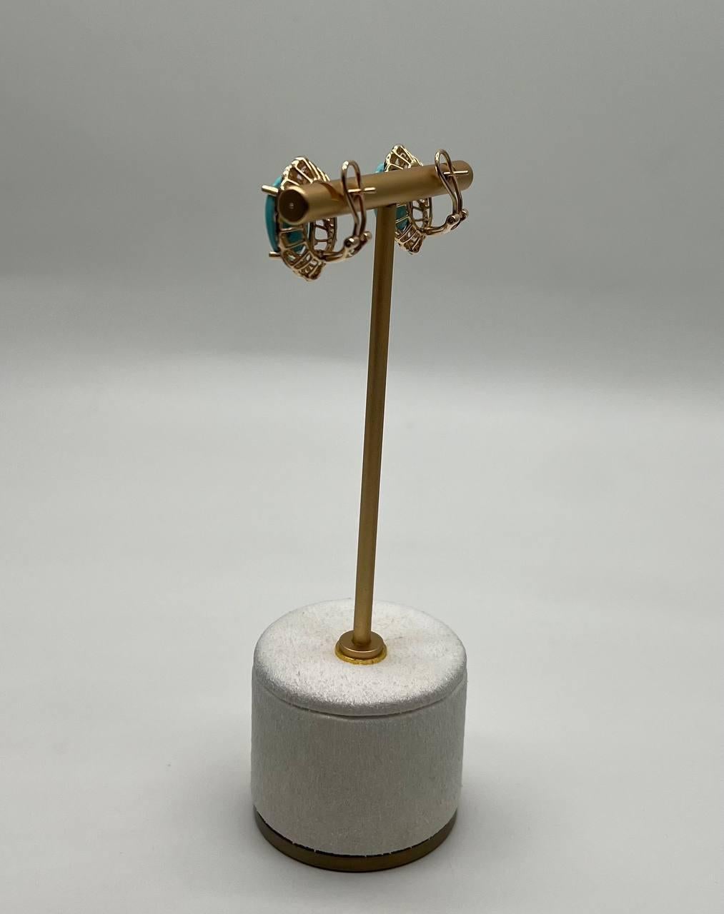 Blue Teal Turquoise Diamonds Lattice 14K Yellow Gold Statement Earrings In New Condition For Sale In Oakton, VA