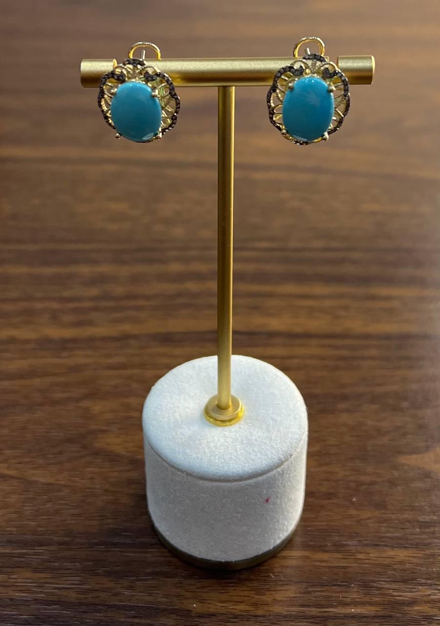 Women's Blue Teal Turquoise Diamonds Lattice 14K Yellow Gold Statement Earrings For Sale