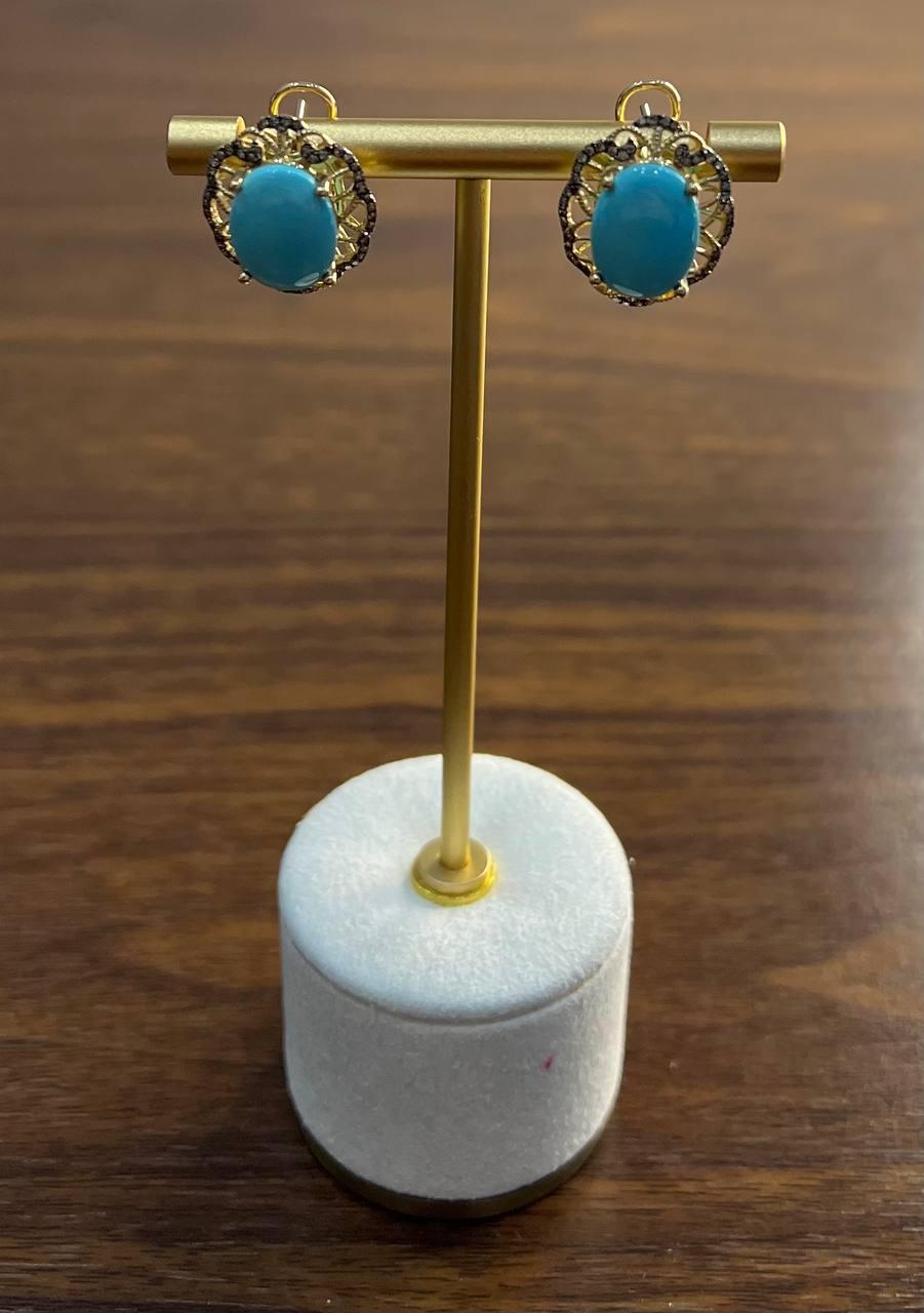 Blue Teal Turquoise Diamonds Lattice 14K Yellow Gold Statement Earrings For Sale 1