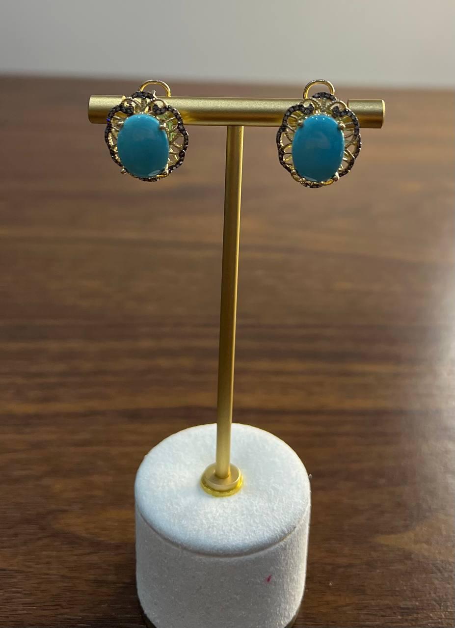 Blue Teal Turquoise Diamonds Lattice 14K Yellow Gold Statement Earrings For Sale 2