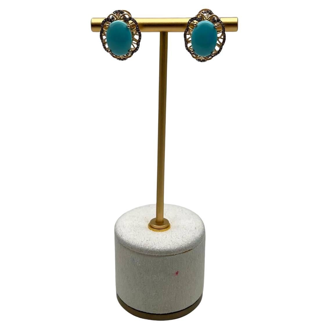 Blue Teal Turquoise Diamonds Lattice 14K Yellow Gold Statement Earrings For Sale