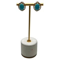 Blue Teal Turquoise Diamonds Lattice 14K Yellow Gold Statement Earrings