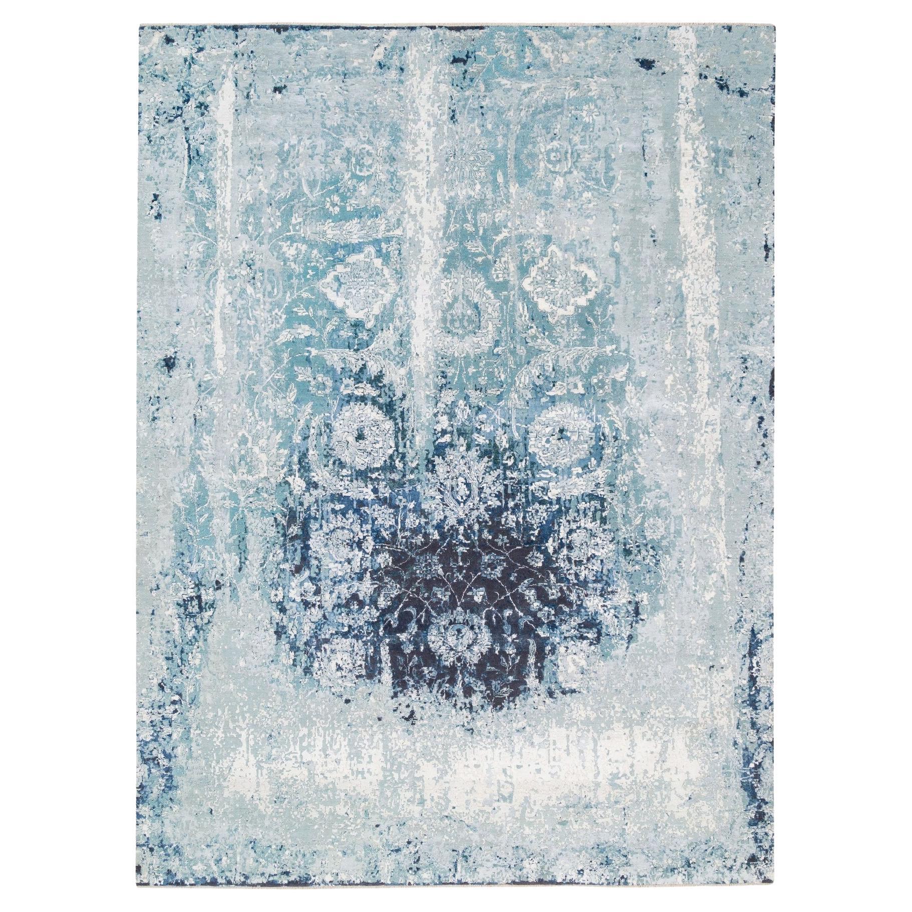 Handgeknüpfter Teppich aus Wolle und Seide aus persischem Täbris in Blau-Teal mit Broken-Design 9'1"x11'9" im Angebot