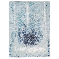 Alfombra anudada a mano con diseño roto Tabriz persa de lana y seda azul-Teal 9'1 "x11'9".