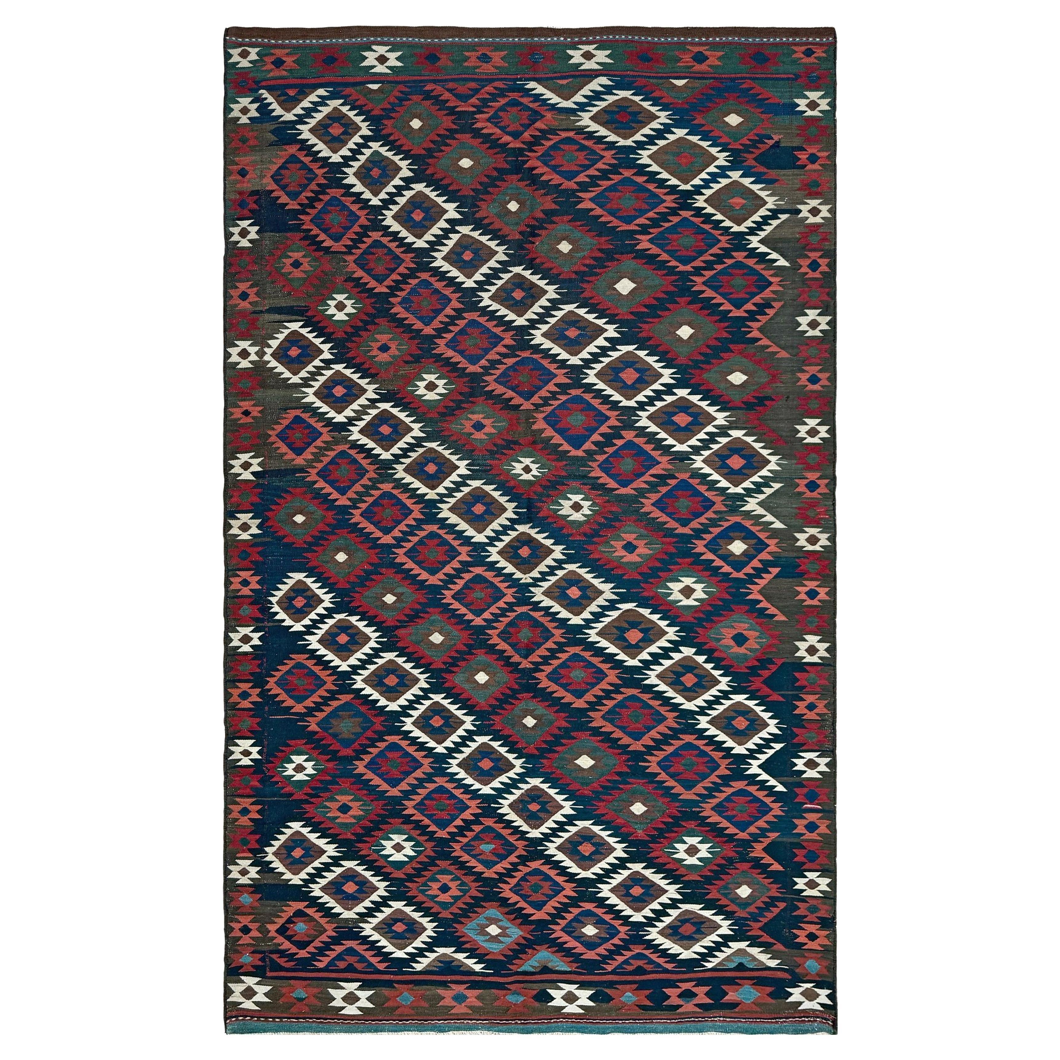 Kilim Veramin bleu et terre cuite • Tapis persan vintage à tissage plat (6
x10
) • 1950s