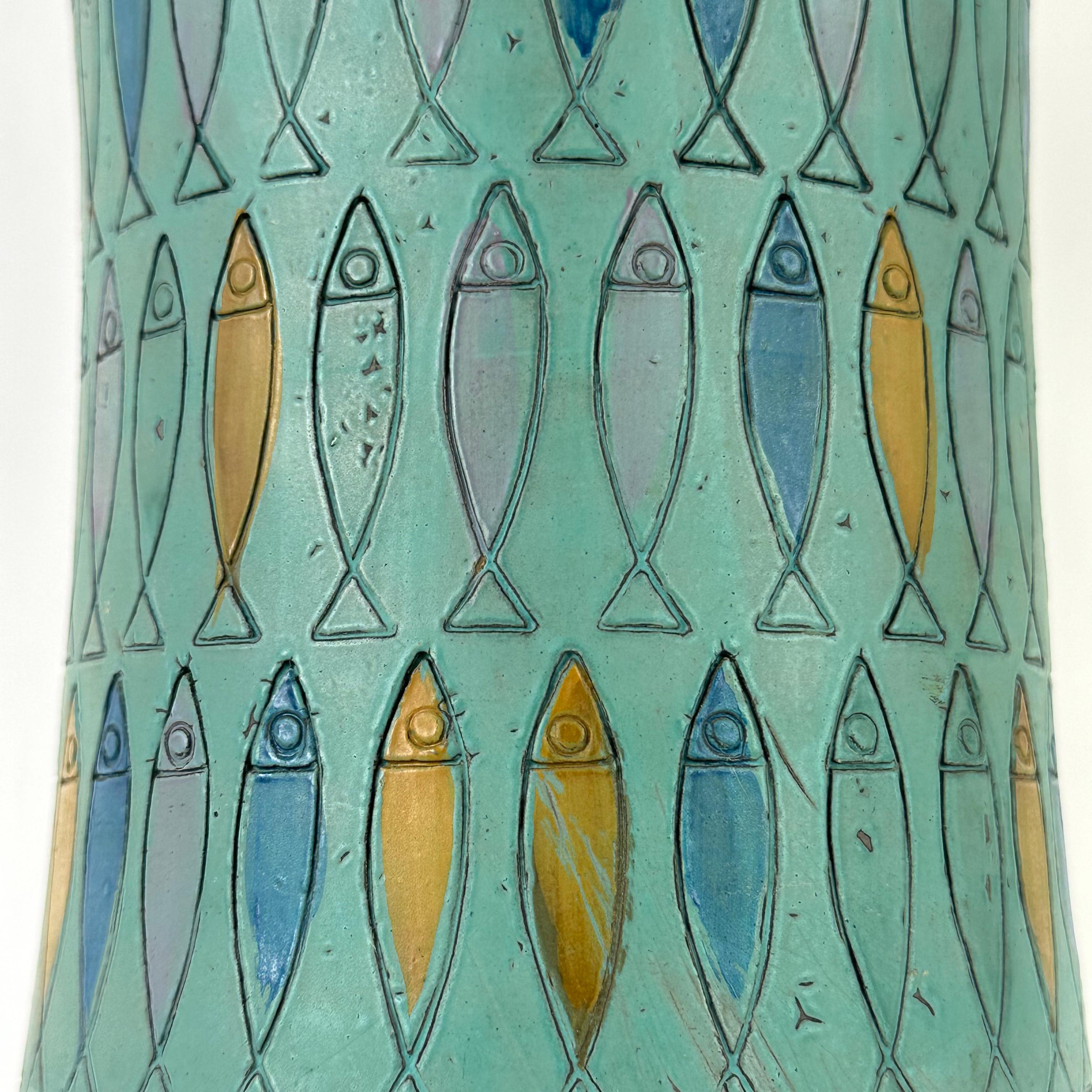 Mid-Century Modern Blue Terracotta with Engraved Fish Table Lamp by Aldo Londi for Bitossi 1960's