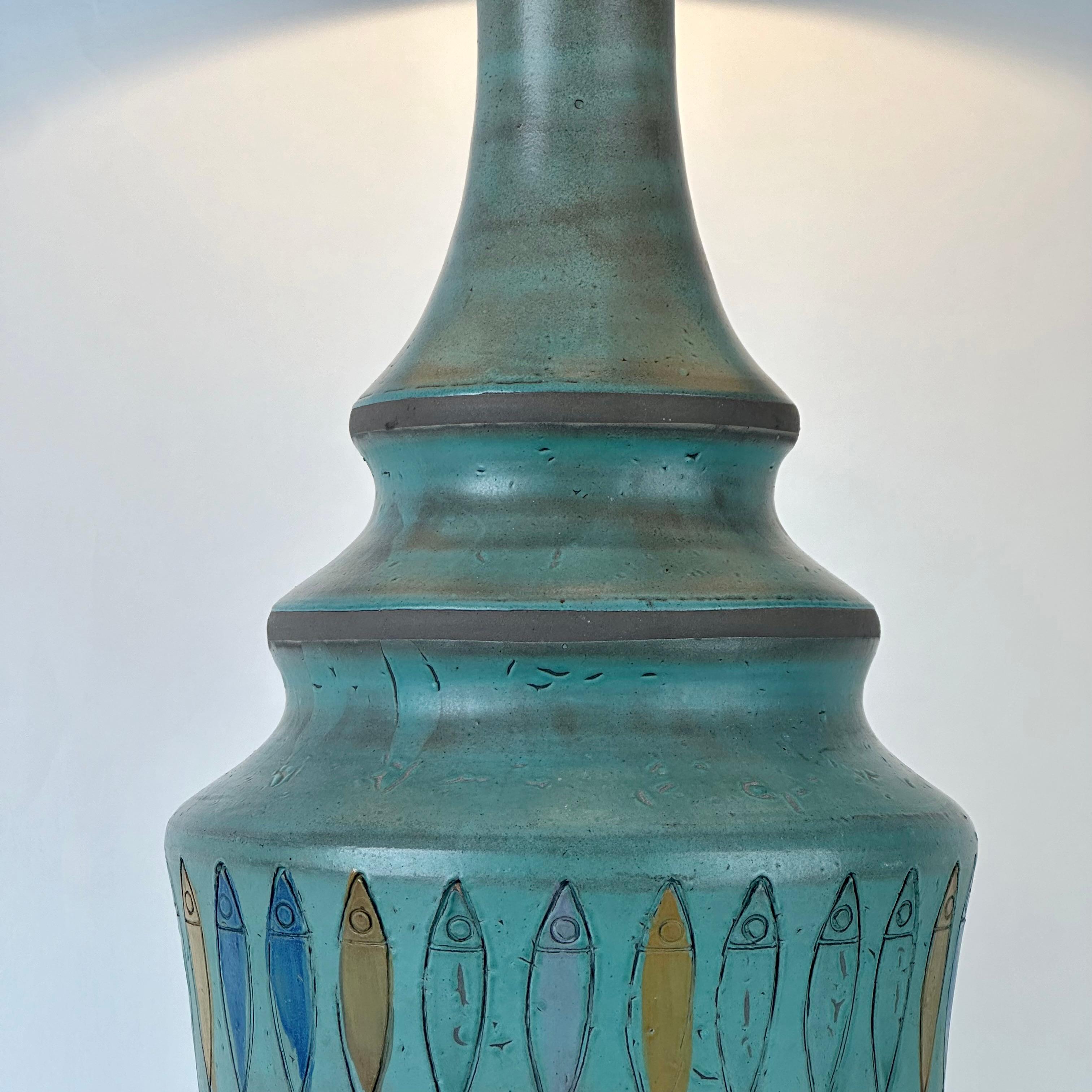 Italian Blue Terracotta with Engraved Fish Table Lamp by Aldo Londi for Bitossi 1960's