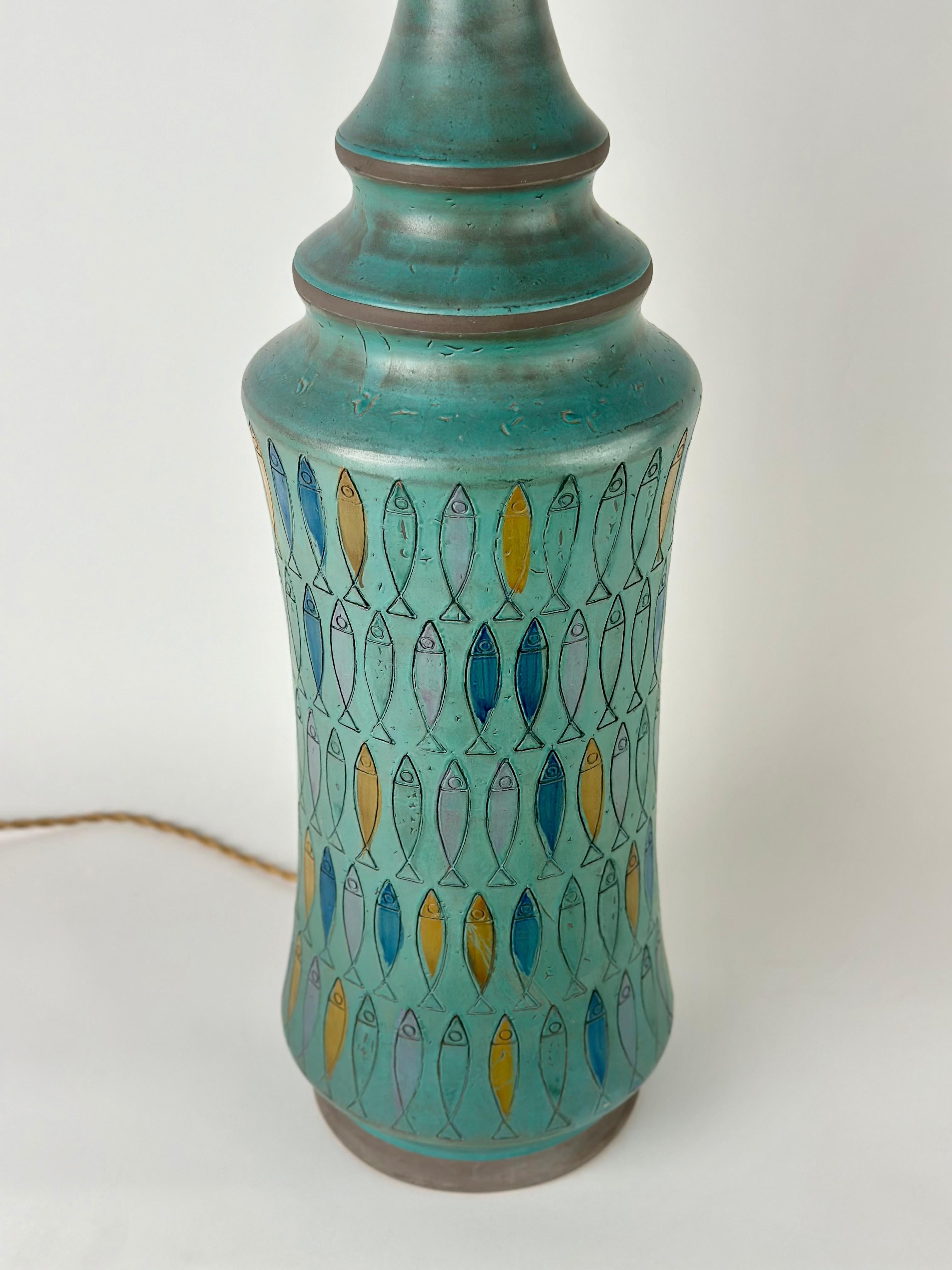 Enameled Blue Terracotta with Engraved Fish Table Lamp by Aldo Londi for Bitossi 1960's