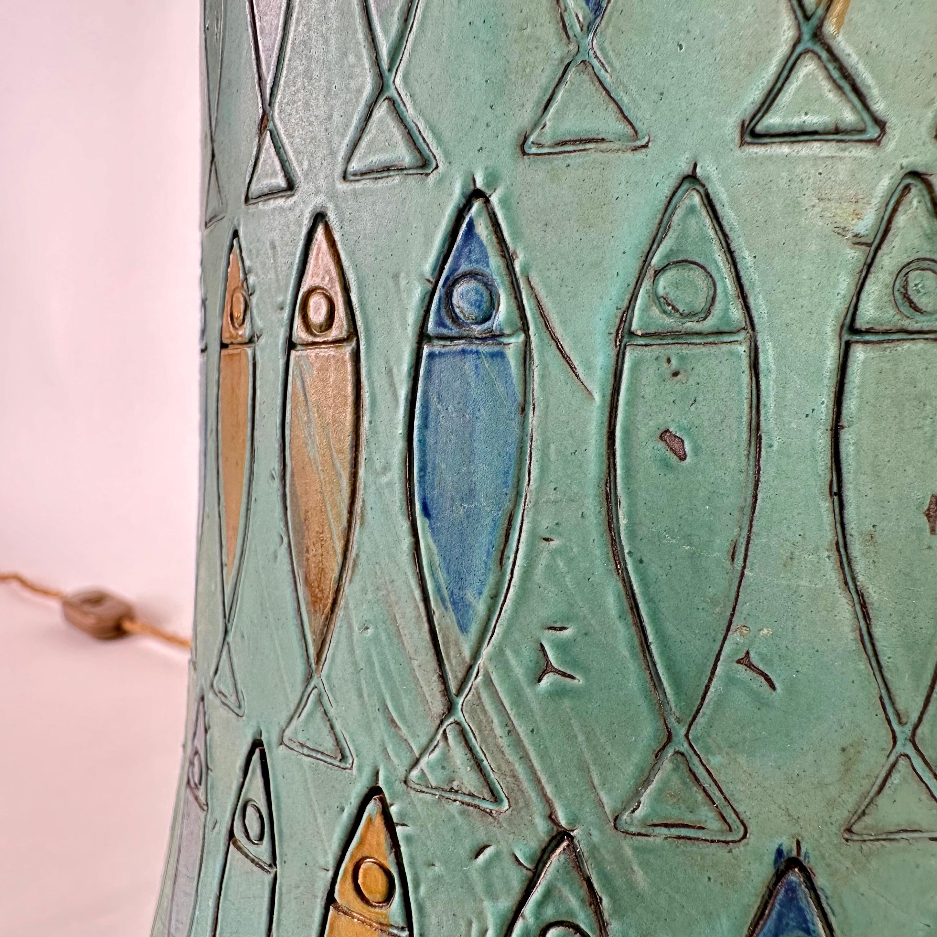 Blue Terracotta with Engraved Fish Table Lamp by Aldo Londi for Bitossi 1960's In Good Condition In Firenze, Tuscany