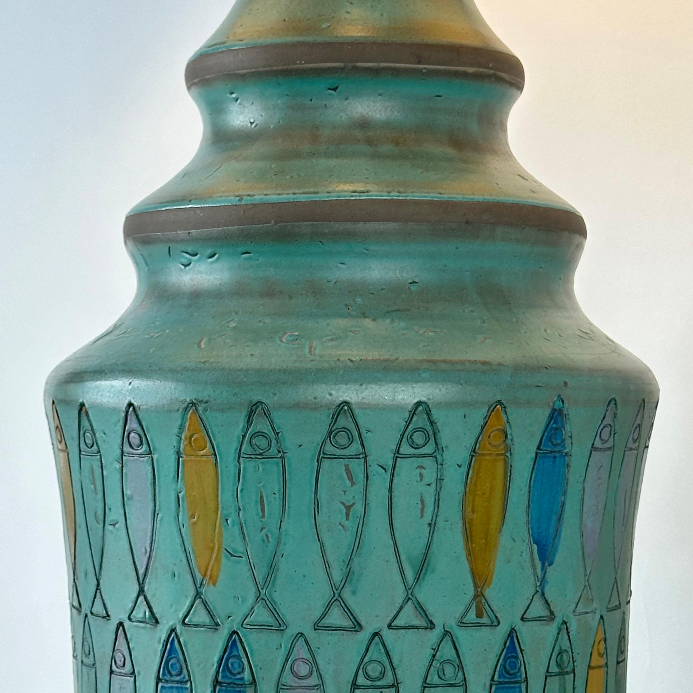 Mid-20th Century Blue Terracotta with Engraved Fish Table Lamp by Aldo Londi for Bitossi 1960's