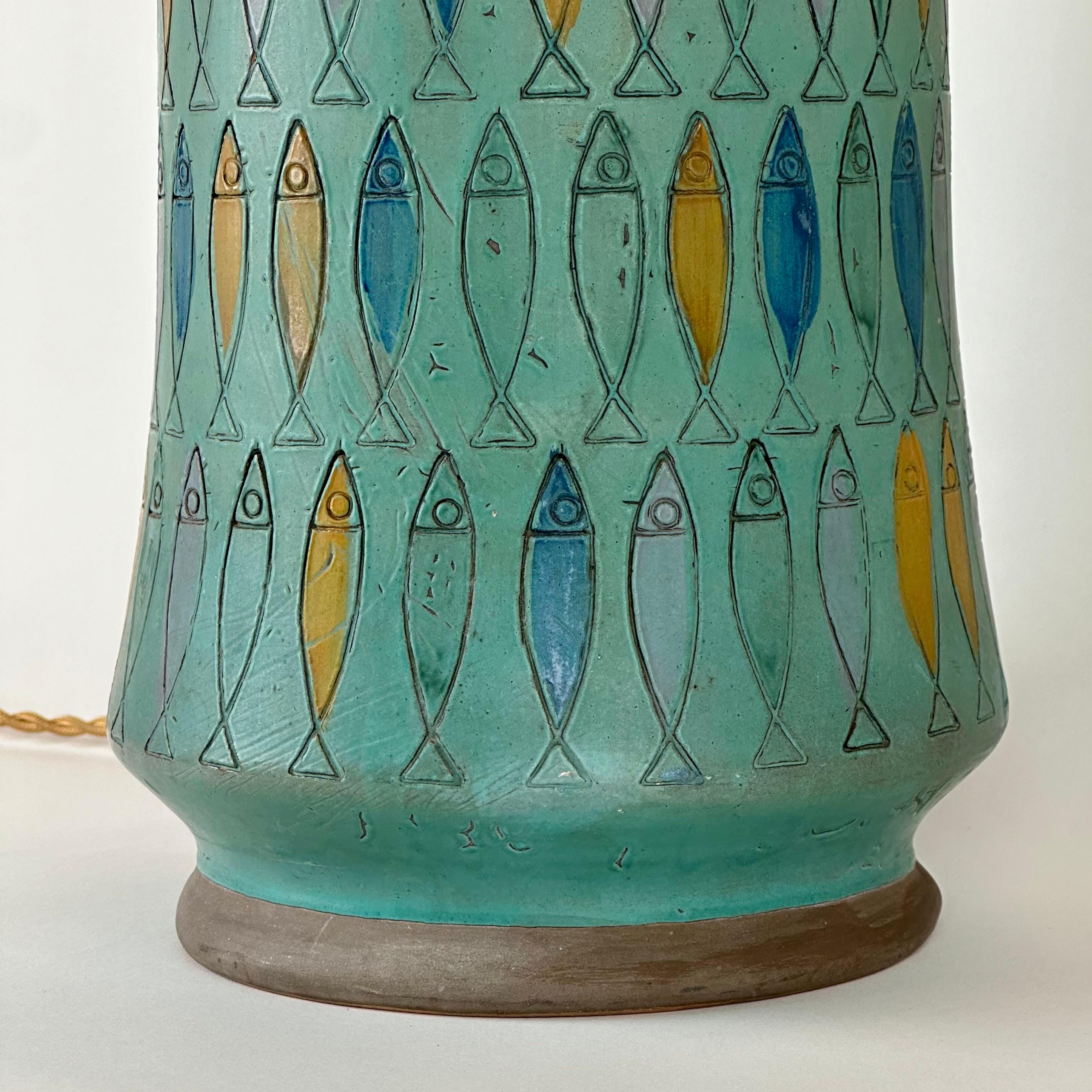 Blue Terracotta with Engraved Fish Table Lamp by Aldo Londi for Bitossi 1960's 1