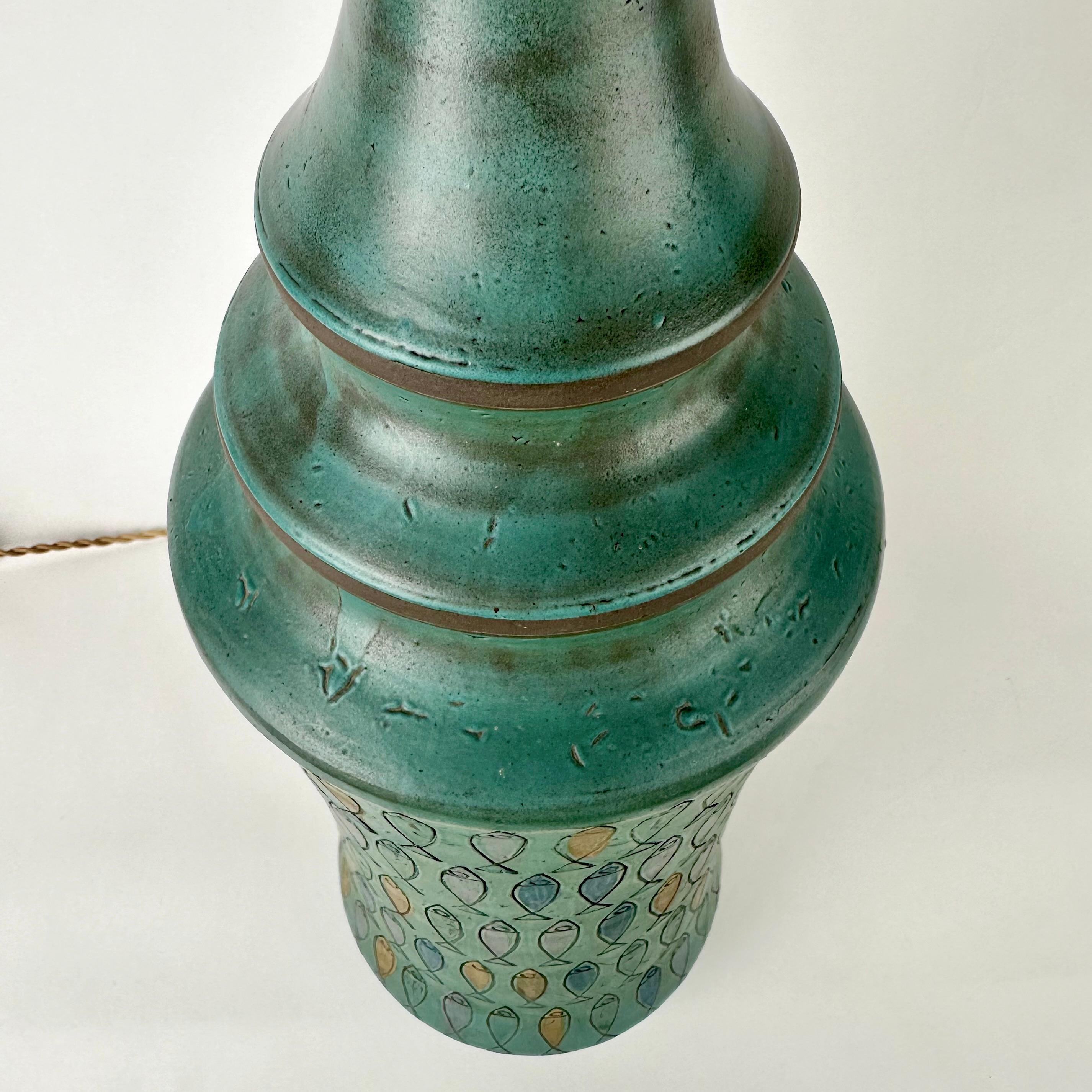 Blue Terracotta with Engraved Fish Table Lamp by Aldo Londi for Bitossi 1960's 2