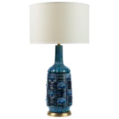 Vintage Blue Textured Ceramic Lamp with Brass Base