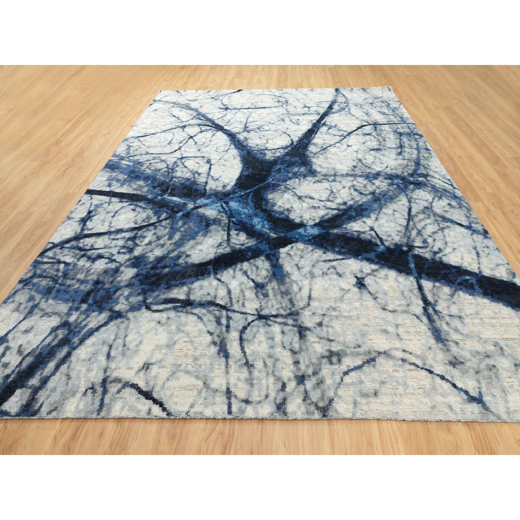 Moderno Tappeto moderno annodato a mano in lana blu con aree di deterioramento 9'1