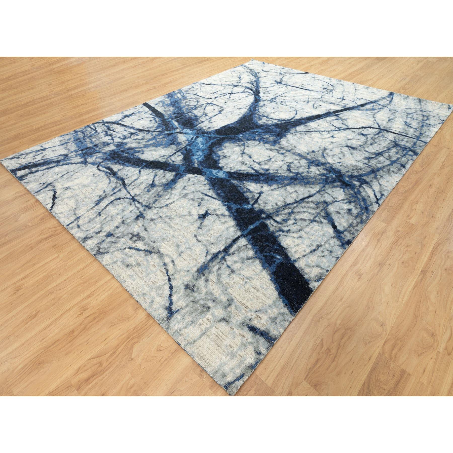 Afghano Tappeto moderno annodato a mano in lana blu con aree di deterioramento 9'1