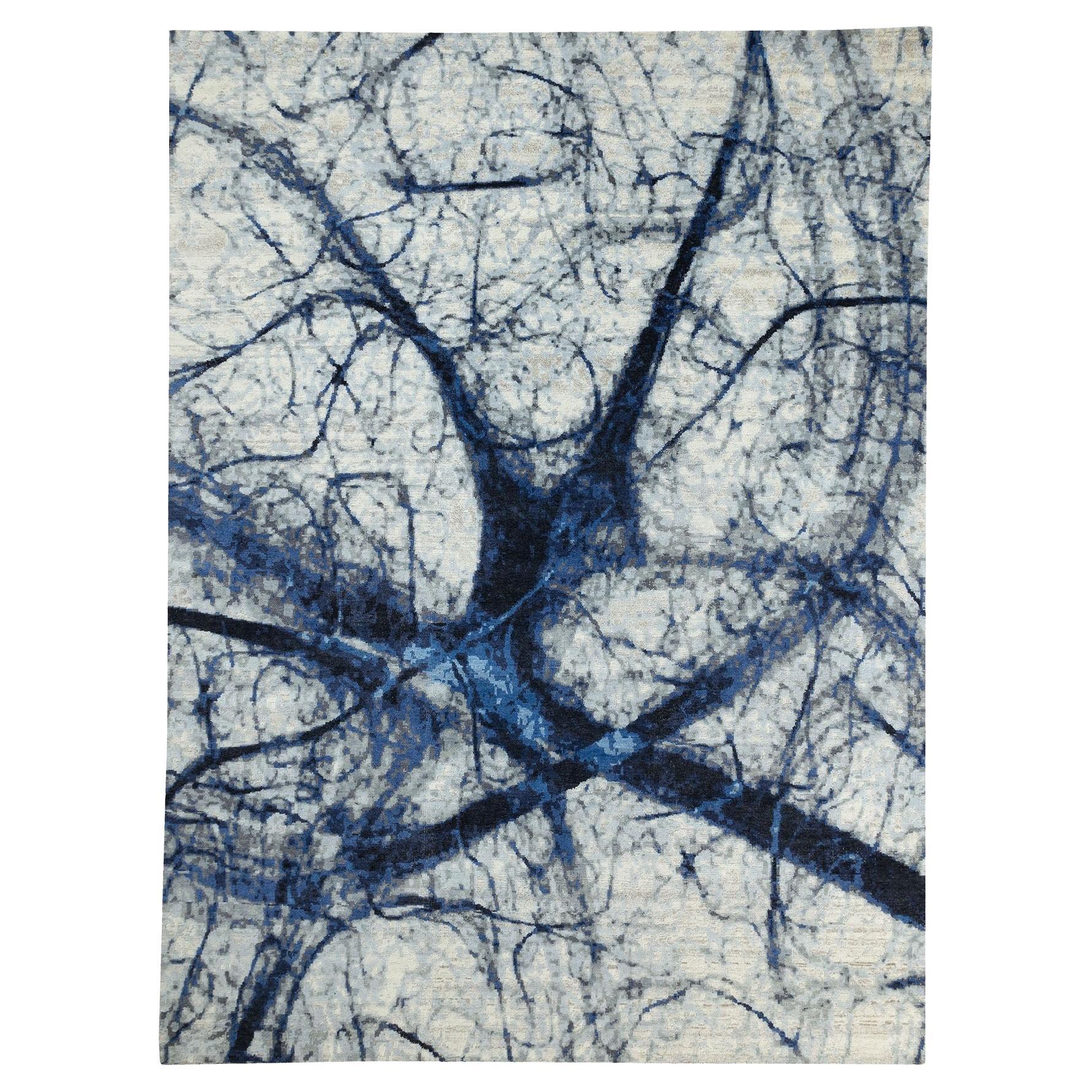 Tappeto moderno annodato a mano in lana blu con aree di deterioramento 9'1" x 12'0" in vendita