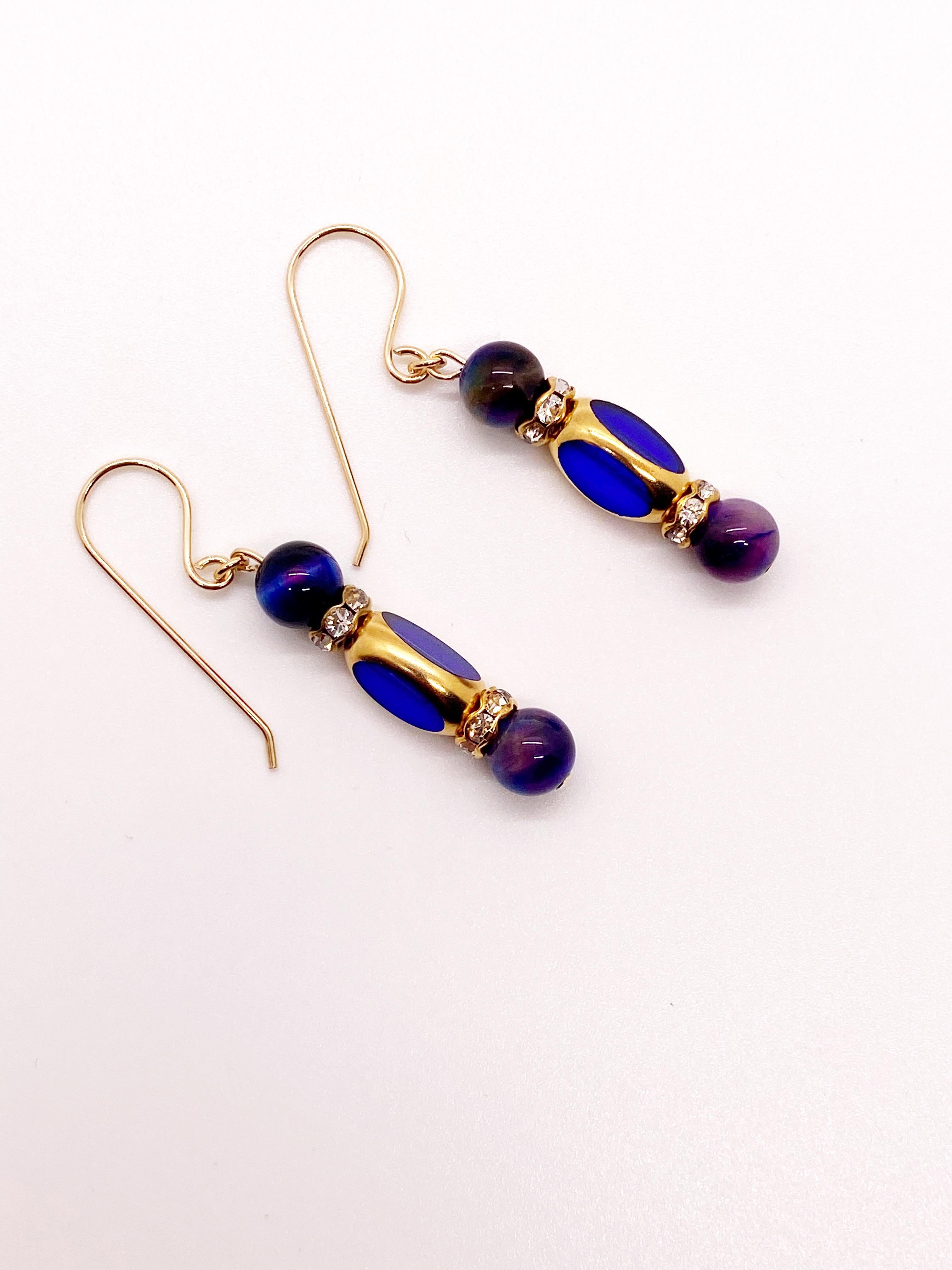 Contemporary Vintage German Glass Window Beads with 24K gold Blue Tiger's Eye Earrings
