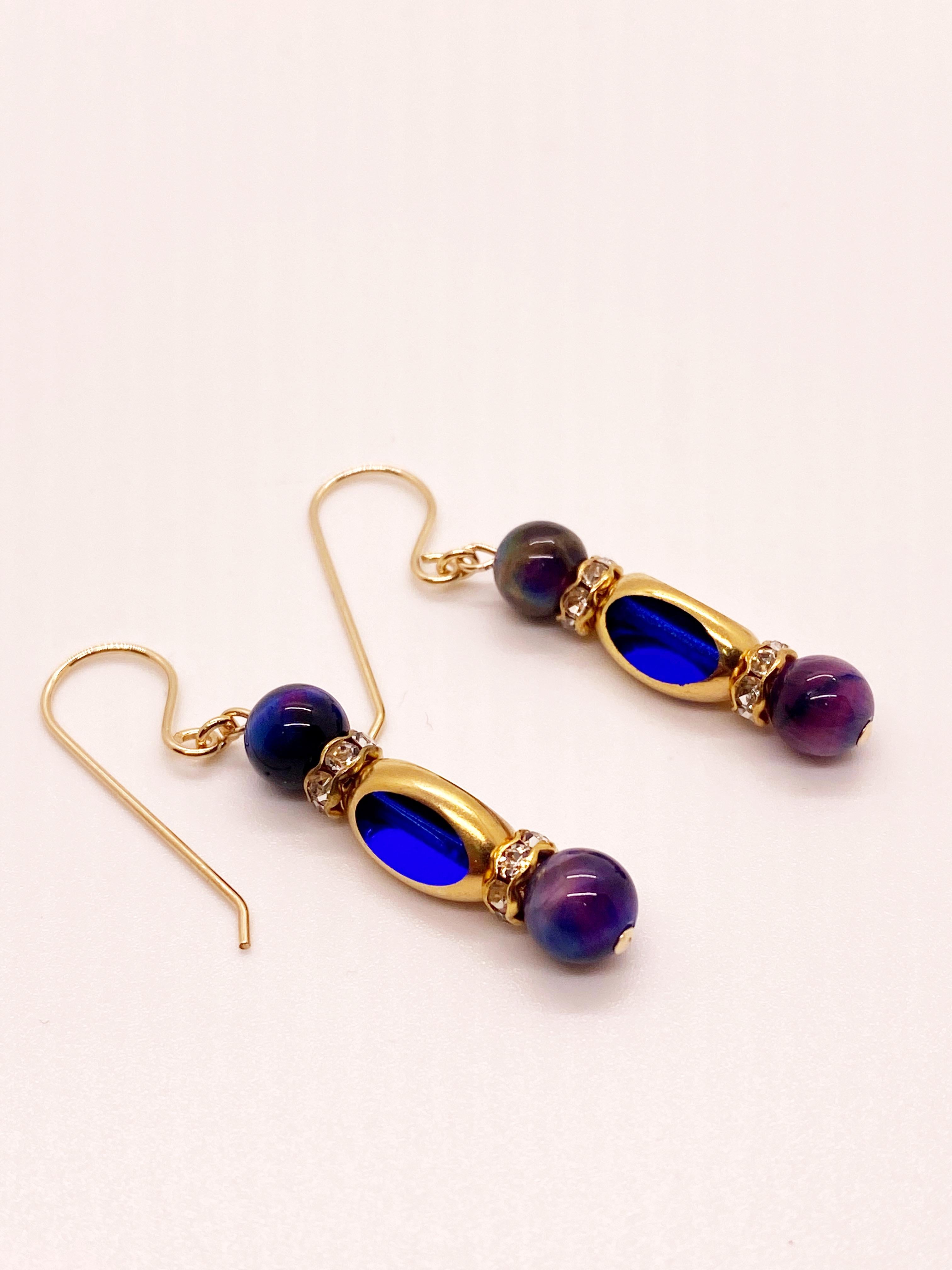 Round Cut Vintage German Glass Window Beads with 24K gold Blue Tiger's Eye Earrings