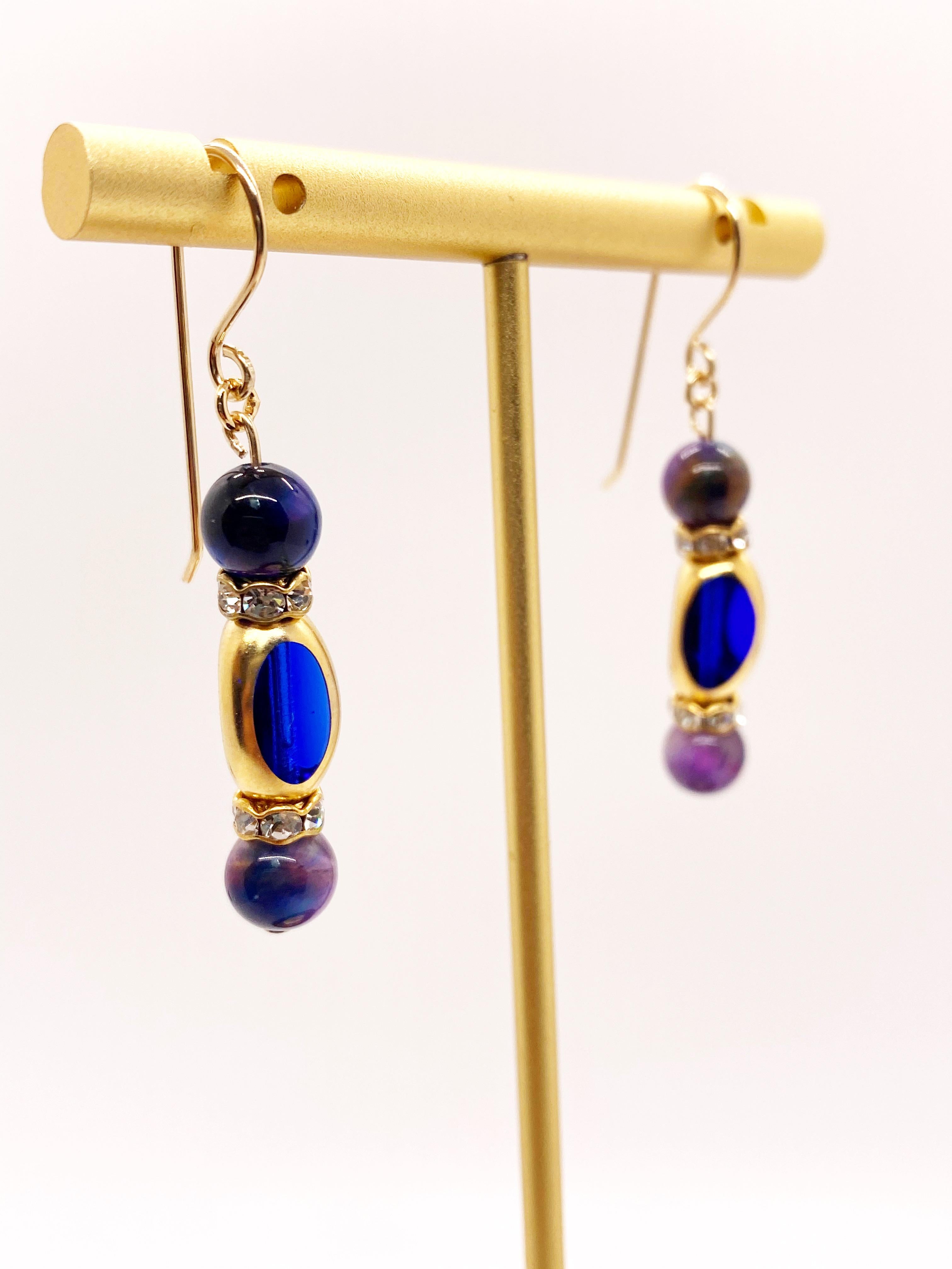 Vintage German Glass Window Beads with 24K gold Blue Tiger's Eye Earrings In New Condition In Monrovia, CA
