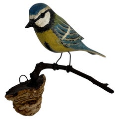 Blue Tit Viechtauer Hand Carved Wood Bird Black Forest Folk Art, Austria, 1920s