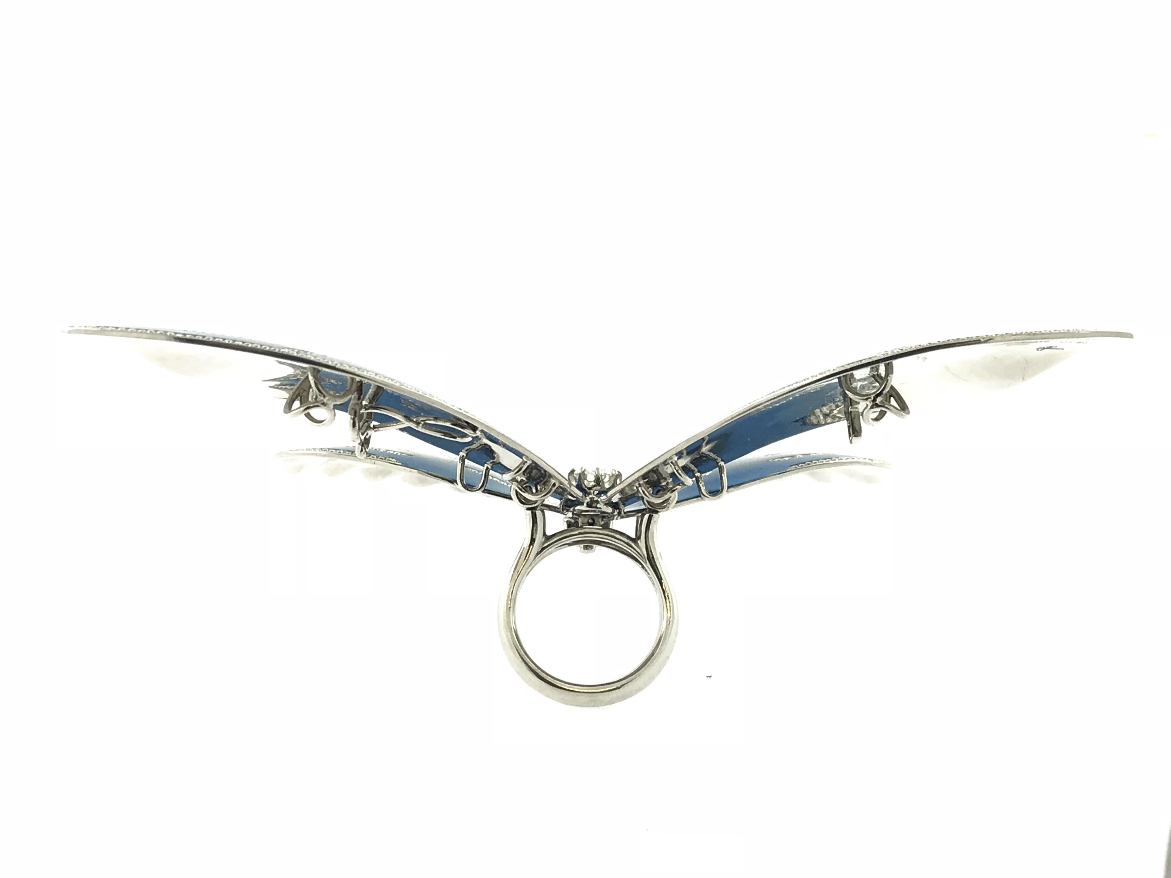 Art Deco Blue Titanium Butterfly Diamond Ring / Brooch/ Neklace in One For Sale