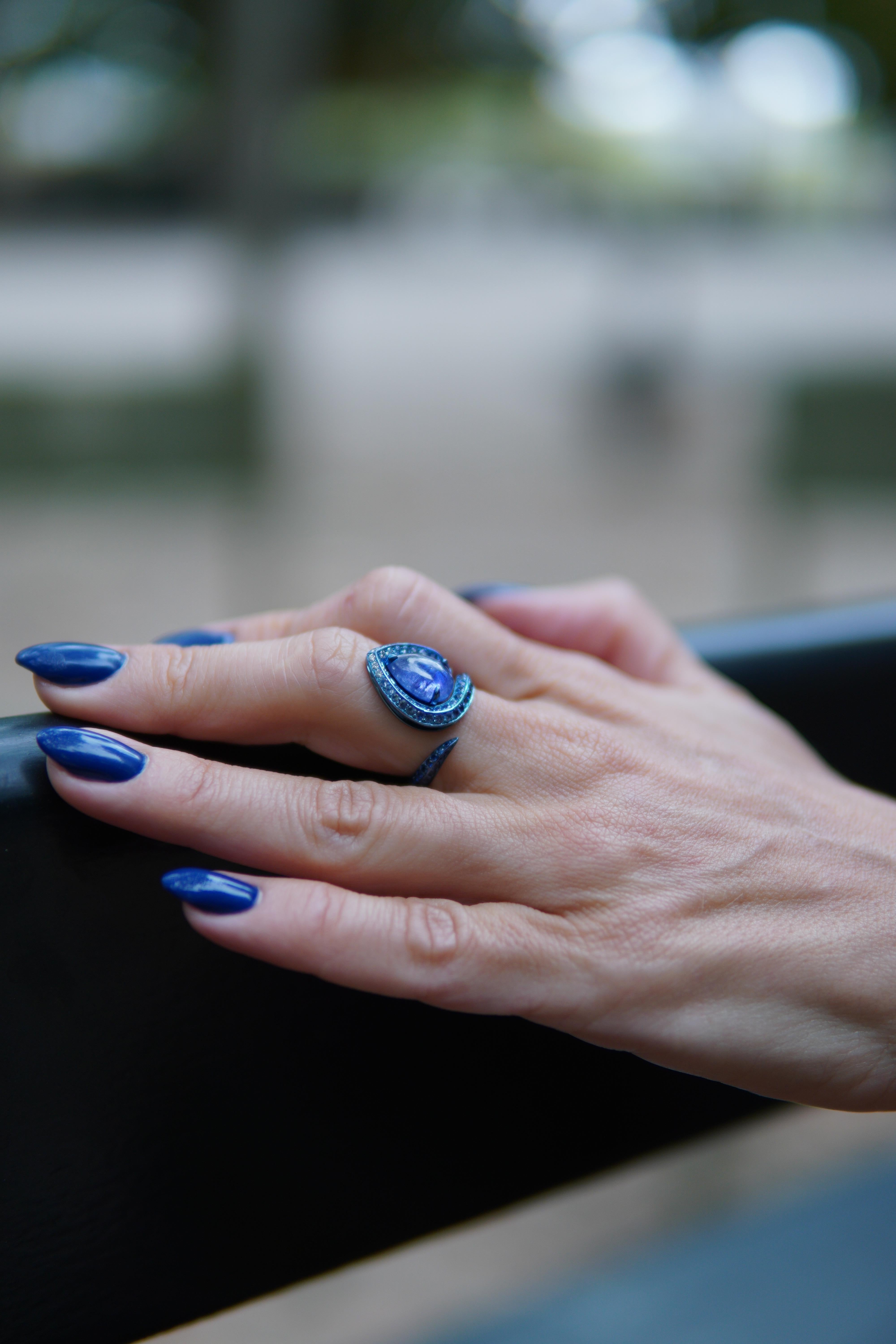 Women's Blue Titanium Ring, Tanzanite Cabochon 2.25ct. Sapphires 1.87ct. Diamonds 0.12ct