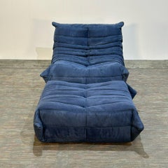 Blue Togo Armchair and Footstool by Michel Ducaroy for Ligne Roset, Set of Two